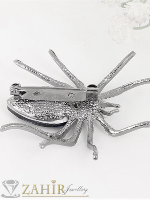 Дамски бижута - Великолепен паяк брошка с голям прозрачен кристал и малки бели камъни,размери 6 на 5 см, сребриста основа - B1283